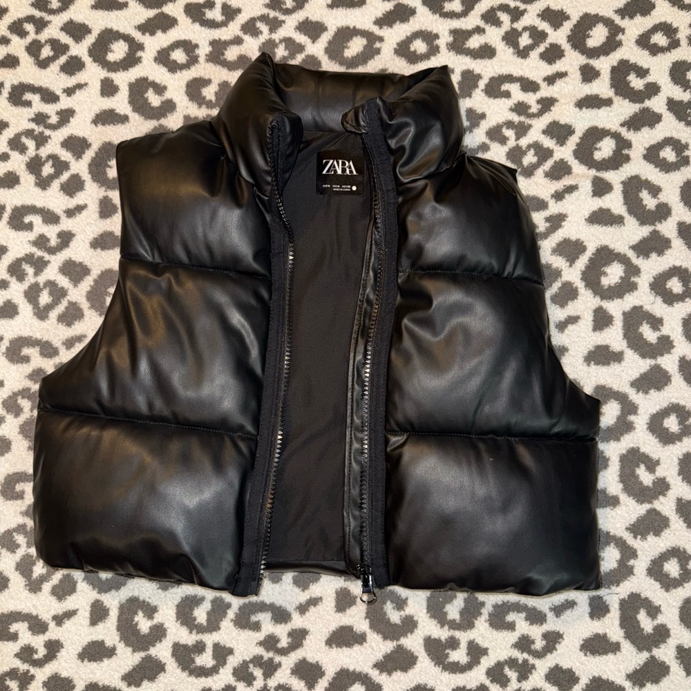 Zara Faux Leather Black Puffer Vest